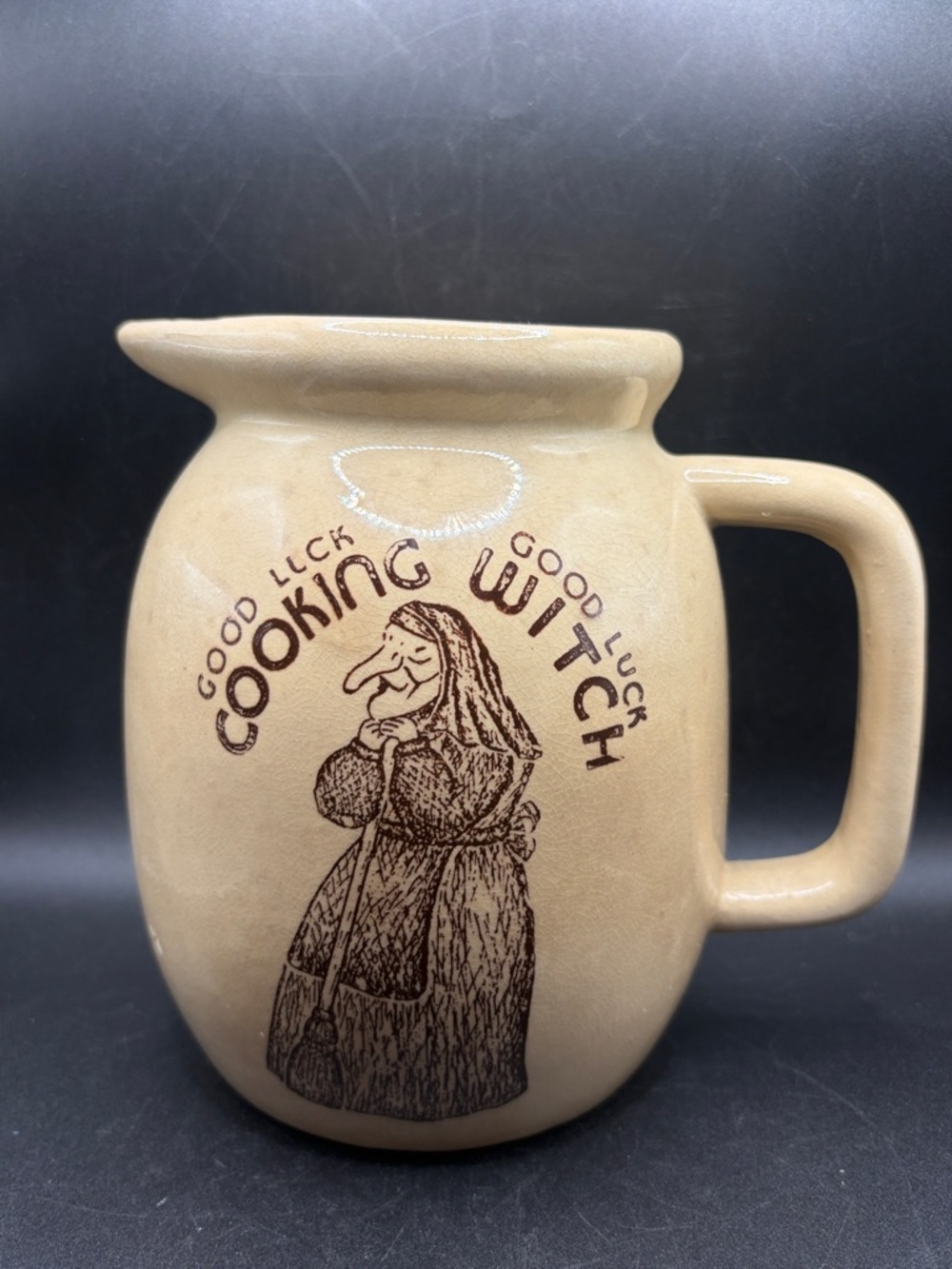 Vintage Good Luck Kitchen Cooking Witch Stoneware Crock Pitcher Jug Pourer